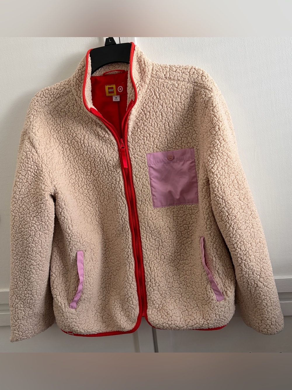 LEGO Target Cream Sherpa Fleece Jacket with Red Trim and Pink Front Pocket